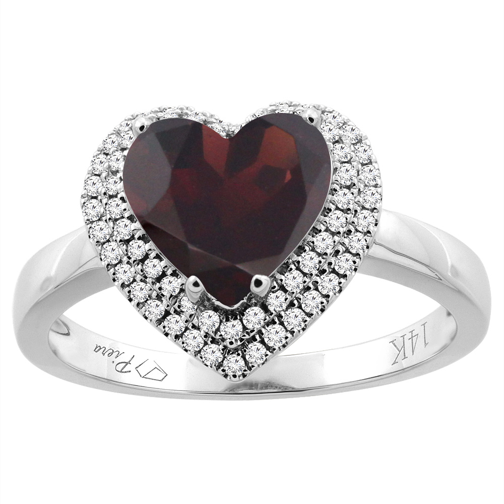 14K Gold Natural Garnet Ring Heart Shape 8 mm Diamond Accents, sizes 5 - 10