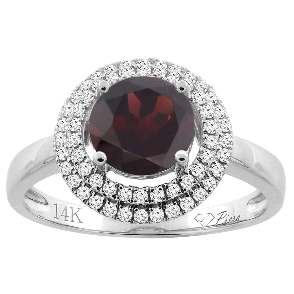 14K Gold Natural Garnet Ring Round 7 mm Double Halo Diamond Accents, sizes 5 - 10