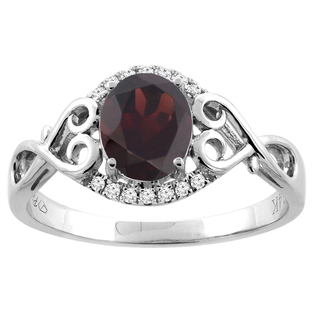 14K Gold Natural Garnet Ring Oval 8x6 mm Diamond &amp; Heart Accents, sizes 5 - 10