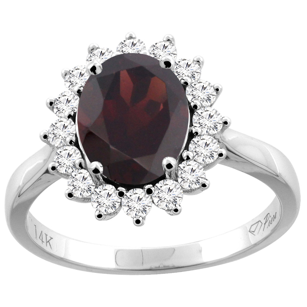 14K Gold Natural Garnet Ring Oval 9x7 mm Diamond Accents, sizes 5 - 10