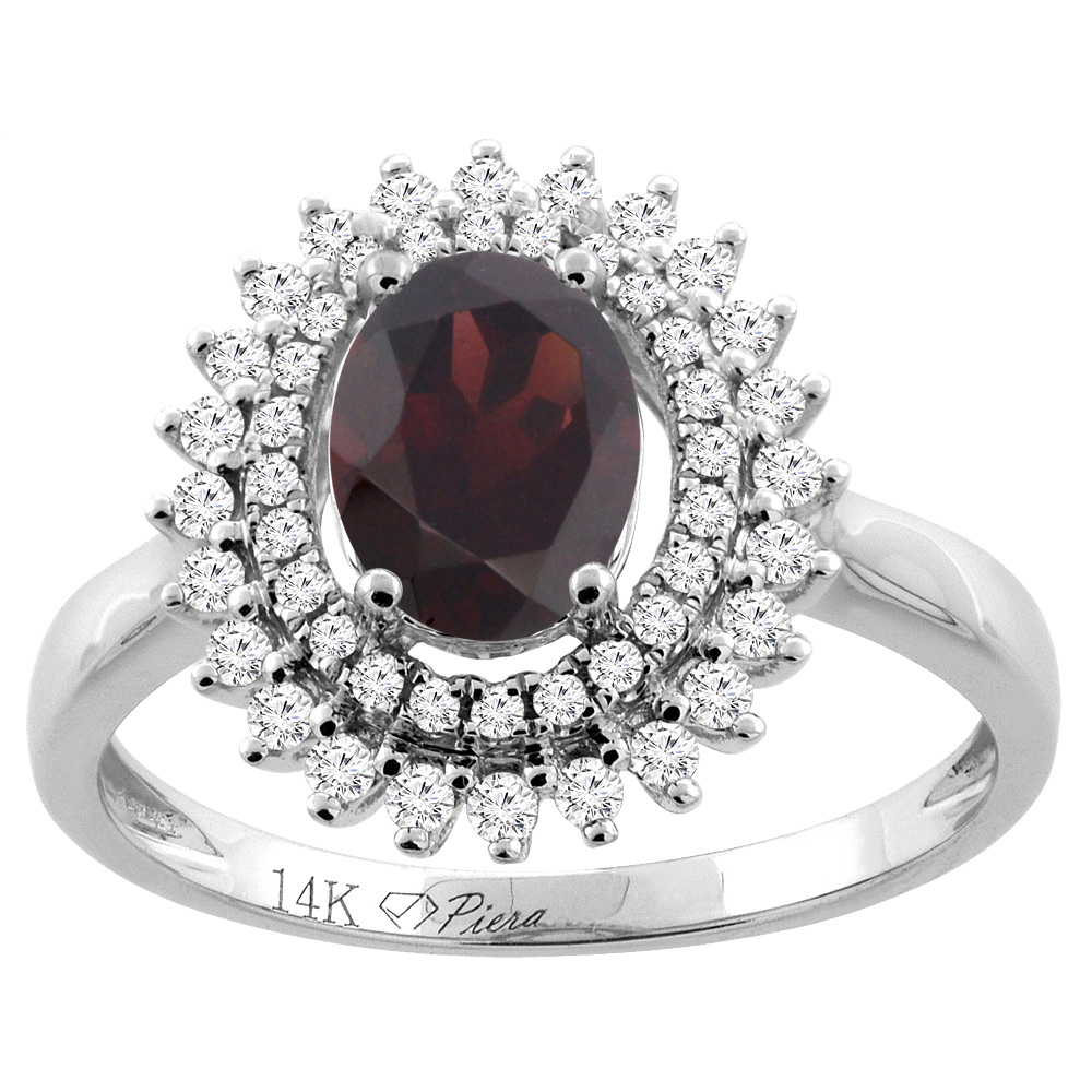 14K Gold Natural Garnet Ring Oval 8x6 mm Double Halo Diamond Accents, sizes 5 - 10