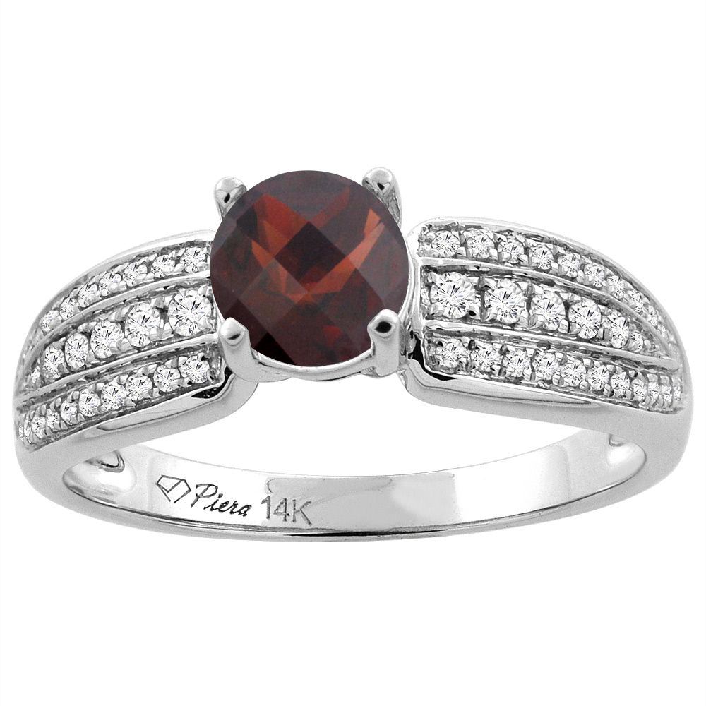 14K White Gold Natural Garnet Engagement Ring Round 6 mm 3-row Diamond Accents, sizes 5 - 10