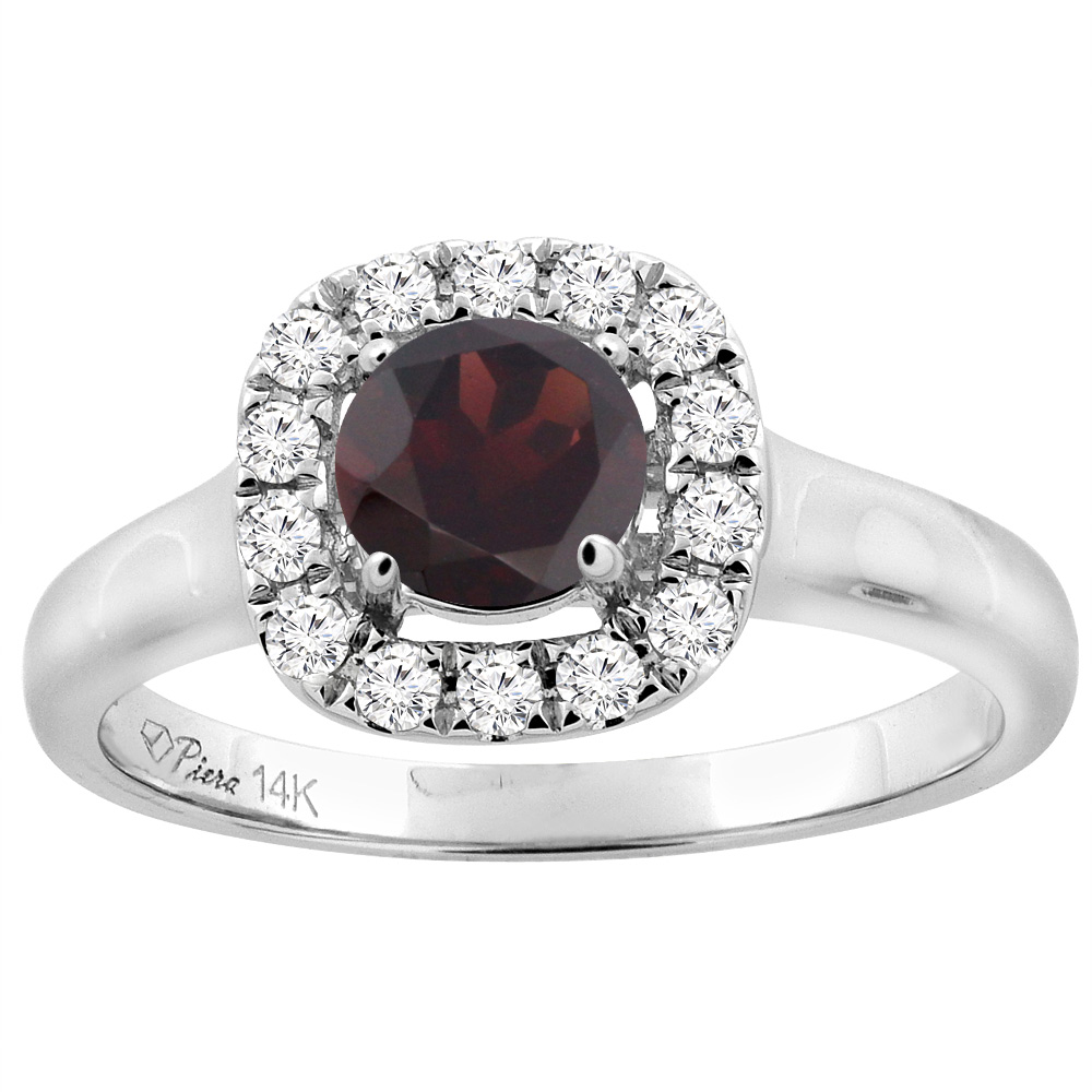 14K White Gold Natural Garnet Halo Engagement Ring Round 6 mm Diamond Accents, sizes 5 - 10