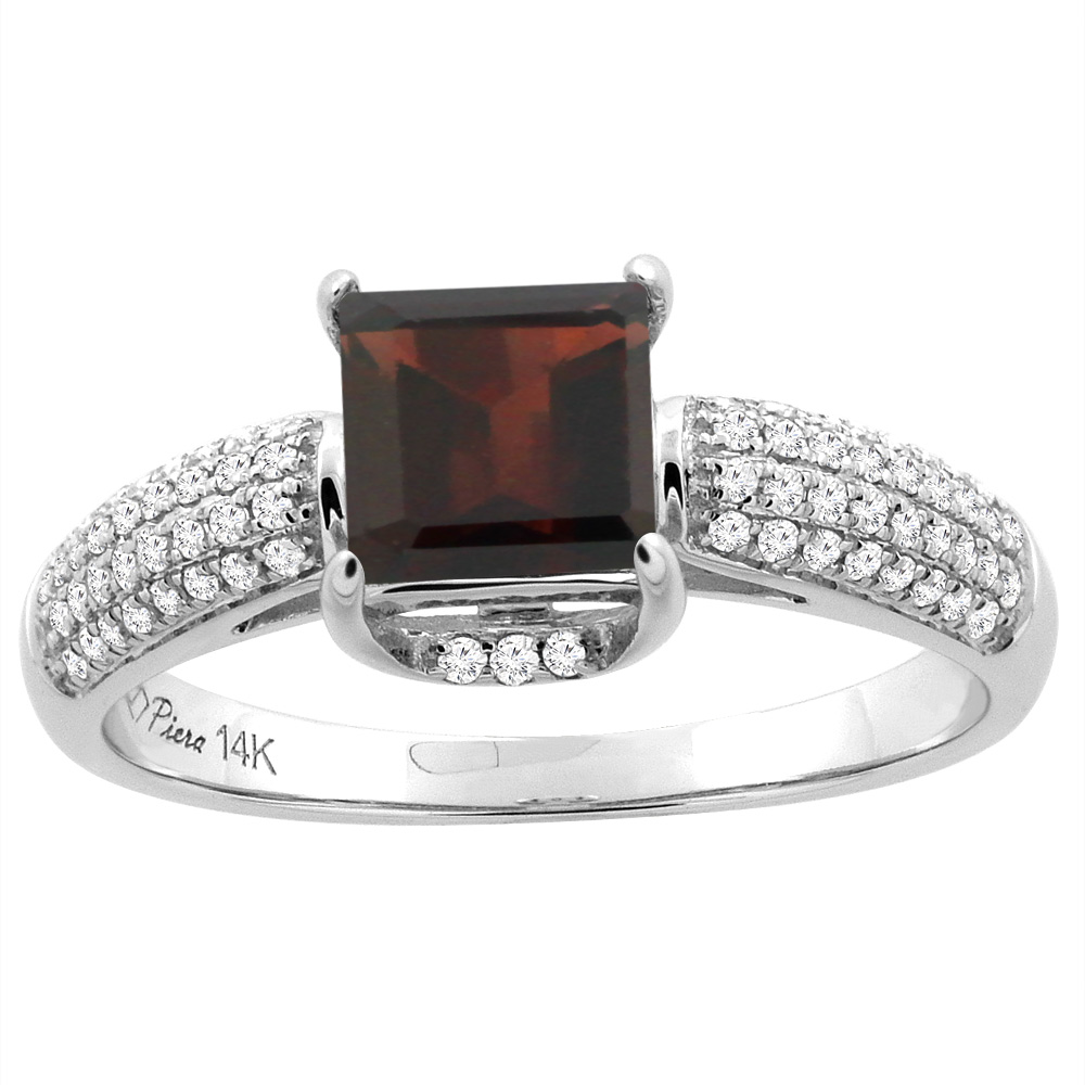14K White Gold Natural Garnet Engagement Ring Square 6 mm & Diamond Accents, sizes 5 - 10