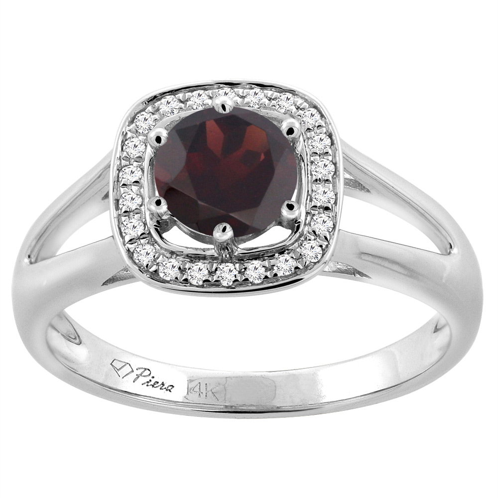 14K White Gold Natural Garnet Engagement Halo Ring Round 6 mm & Diamond Accents, sizes 5 - 10