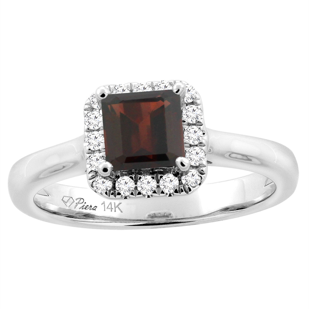 14K White Gold Natural Garnet Halo Engagement Ring Square 5 mm &amp; Diamond Accents, sizes 5 - 10