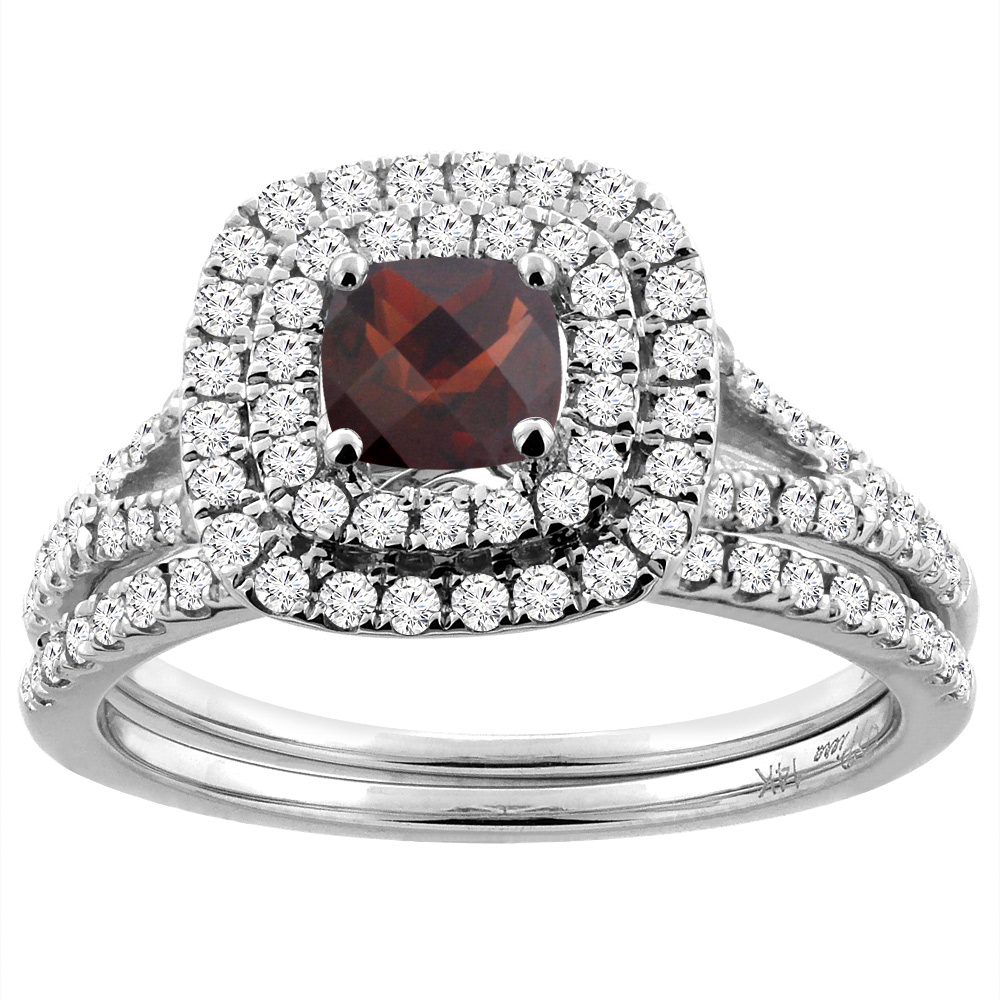 14K White Gold Diamond Halo Natural Garnet 2pc Engagement Ring Set Cushion 6x6 mm, sizes 5-10