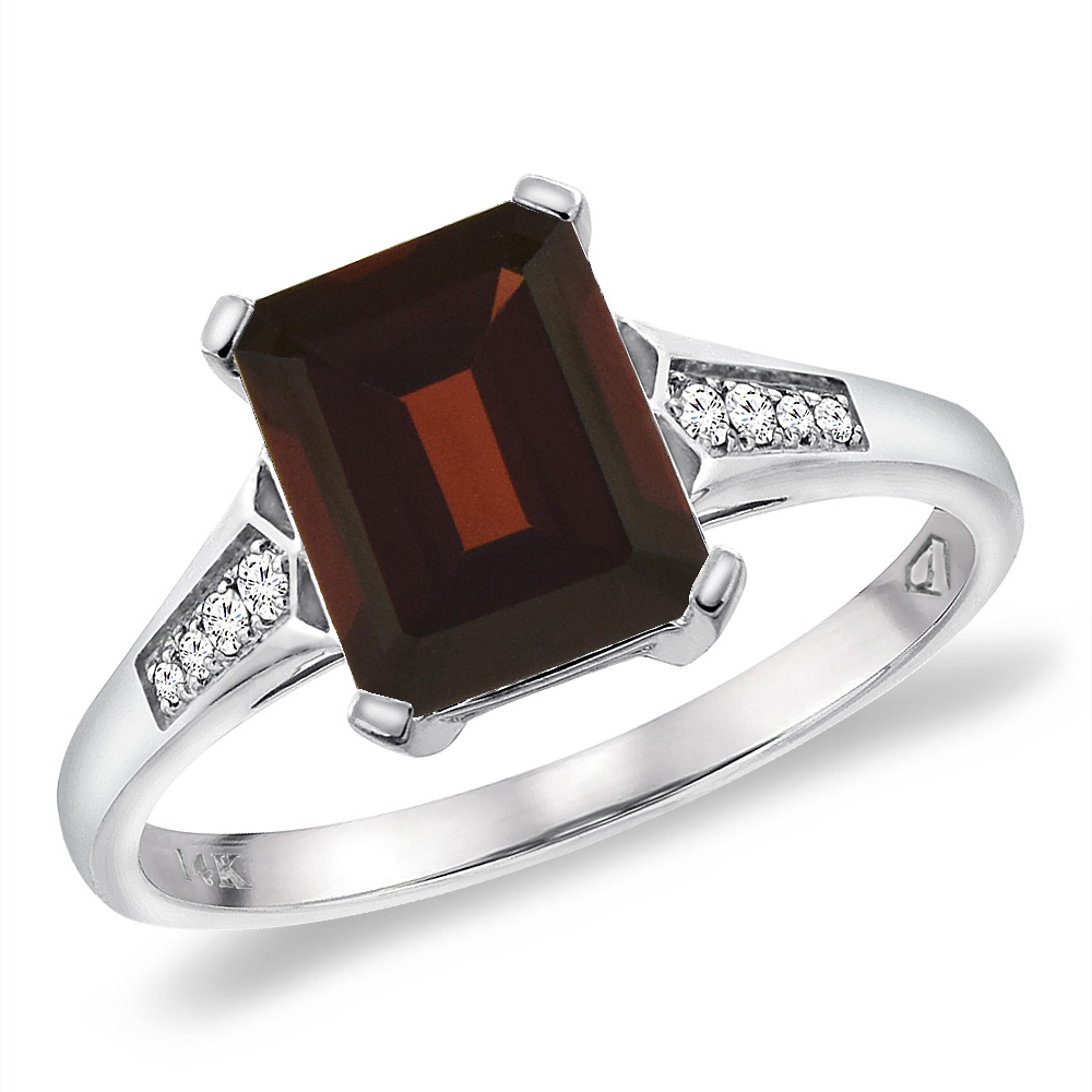 14K White Gold Natural Garnet Ring 9x7 mm Octagon with Diamond Accent, sizes 5 -10