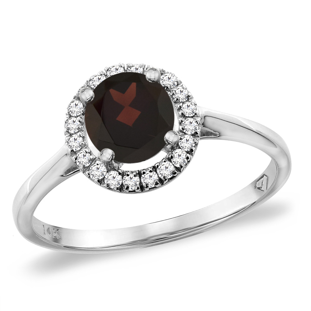 14K White Gold Diamond Halo Natural Garnet Engagement Ring Round 6 mm, sizes 5 -10
