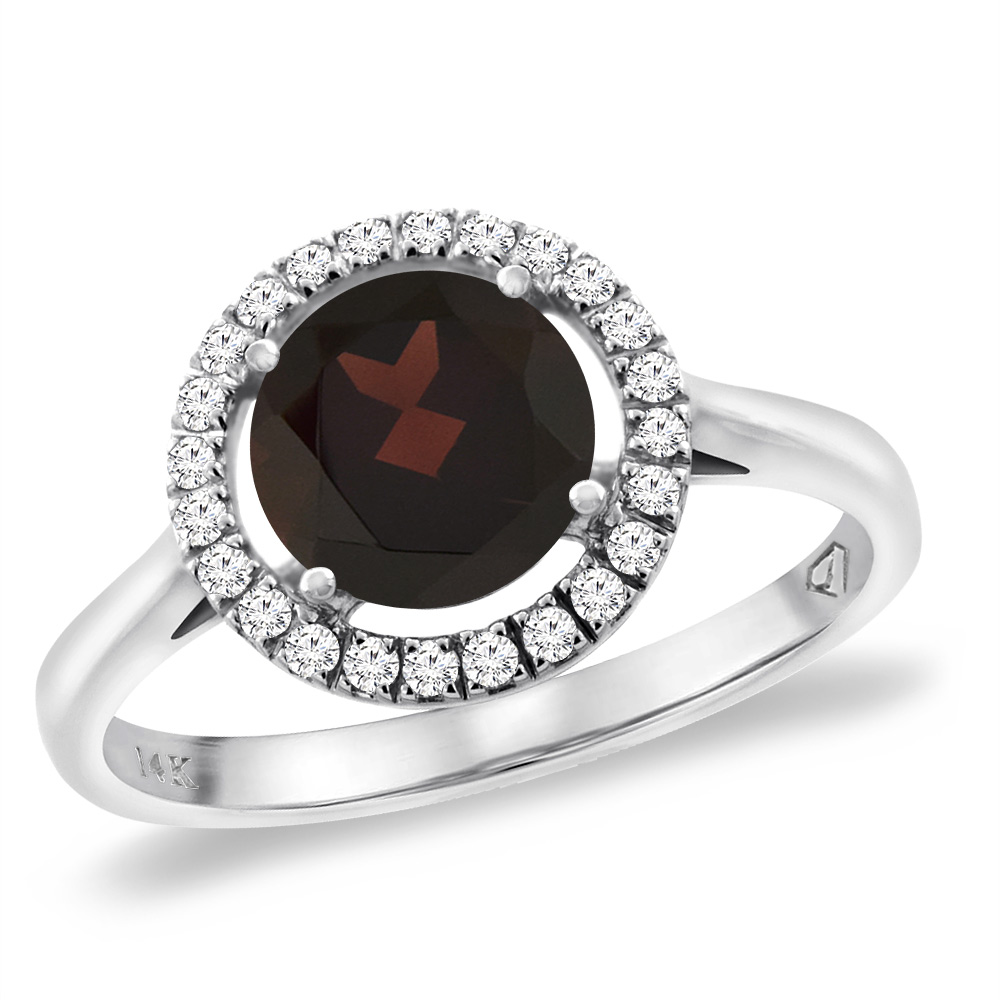 14K White Gold Natural Garnet Halo Engagement Ring Round 8 mm, sizes 5 -10