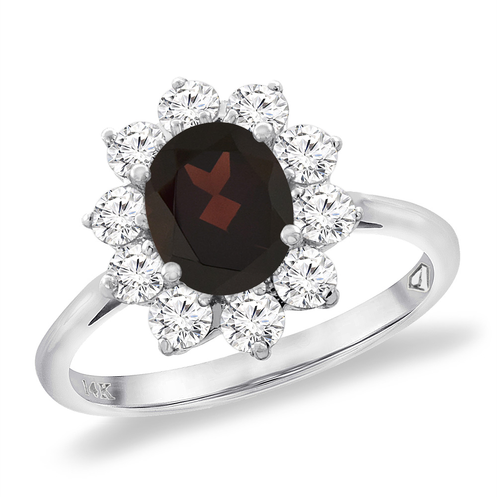 14K White Gold Diamond Natural Garnet Engagement Ring Oval 8x6 mm, sizes 5 -10