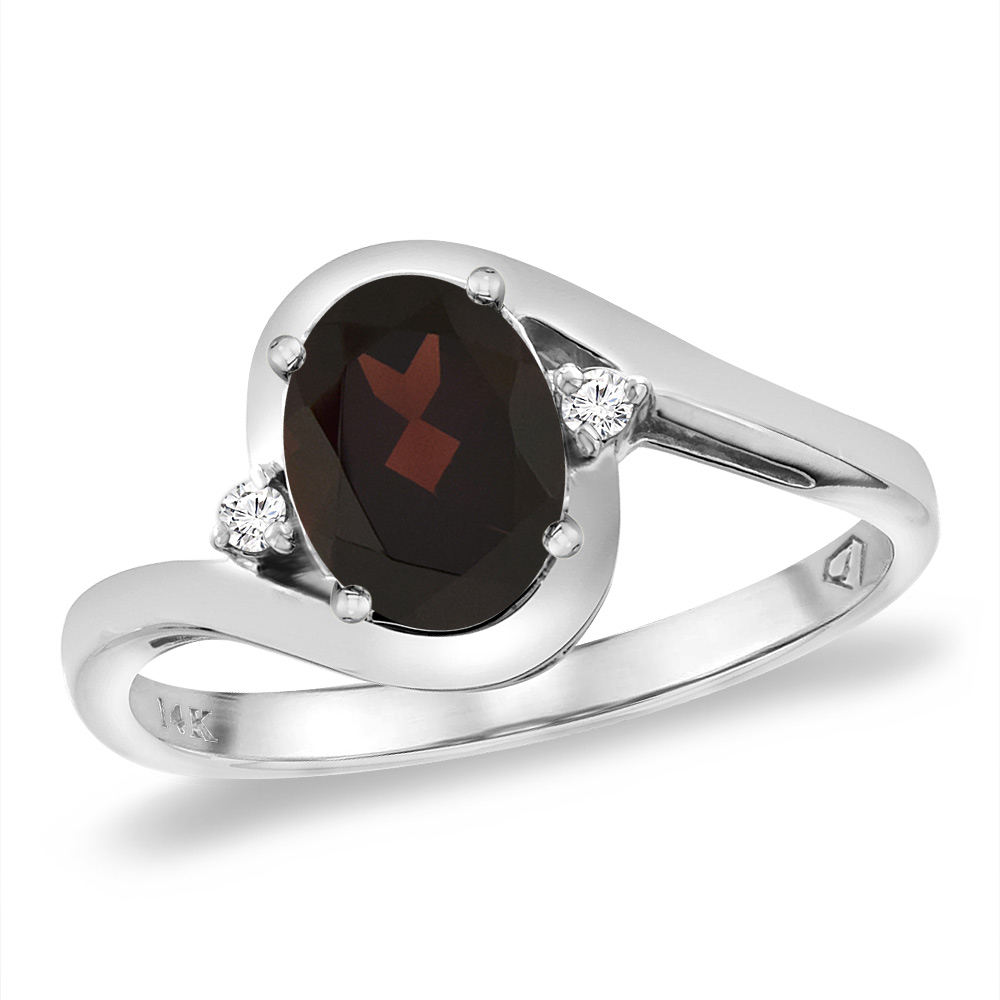 14K White Gold Diamond Natural Garnet Bypass Engagement Ring Oval 8x6 mm, sizes 5 -10