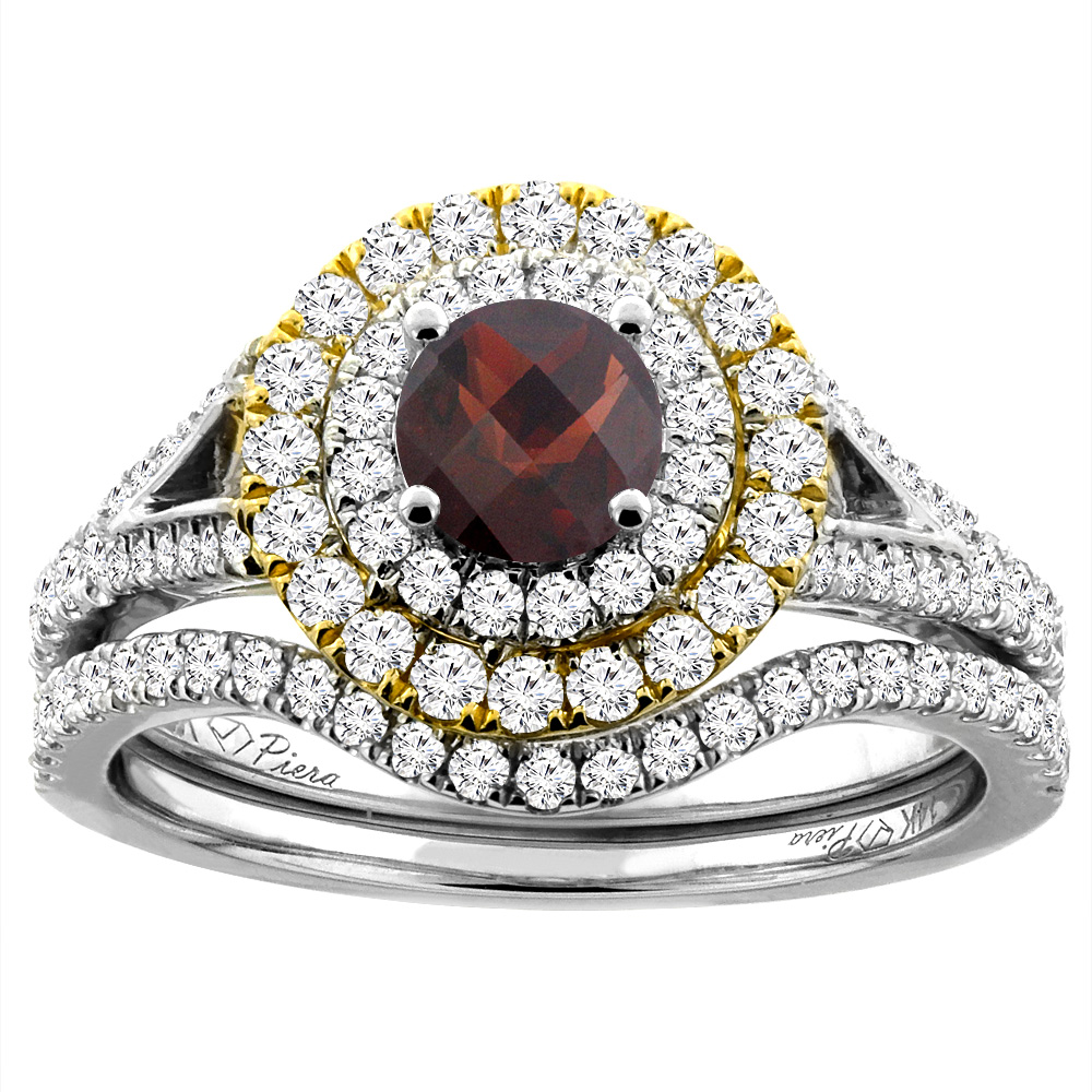 14K White Gold Diamond Natural Garnet Halo Engagement Bridal Ring Set Round 5 mm, sizes 5-10