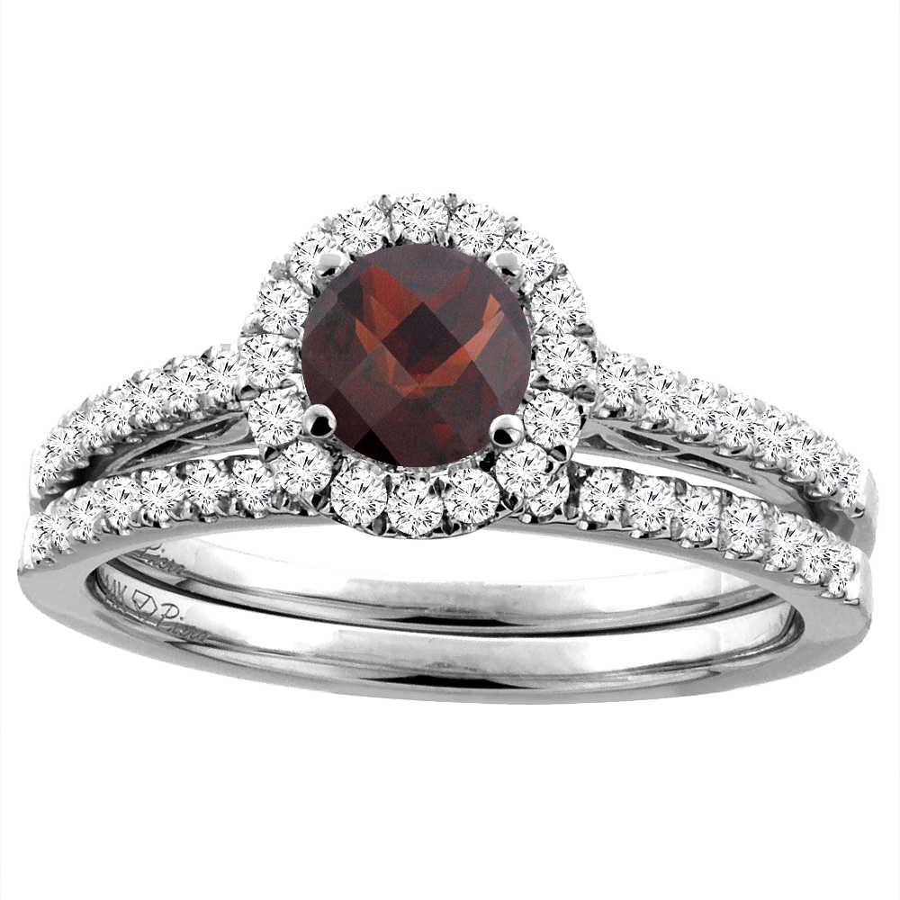 14K White Gold Diamond Natural Garnet Halo Engagement Bridal Ring Set Round 6 mm, sizes 5-10