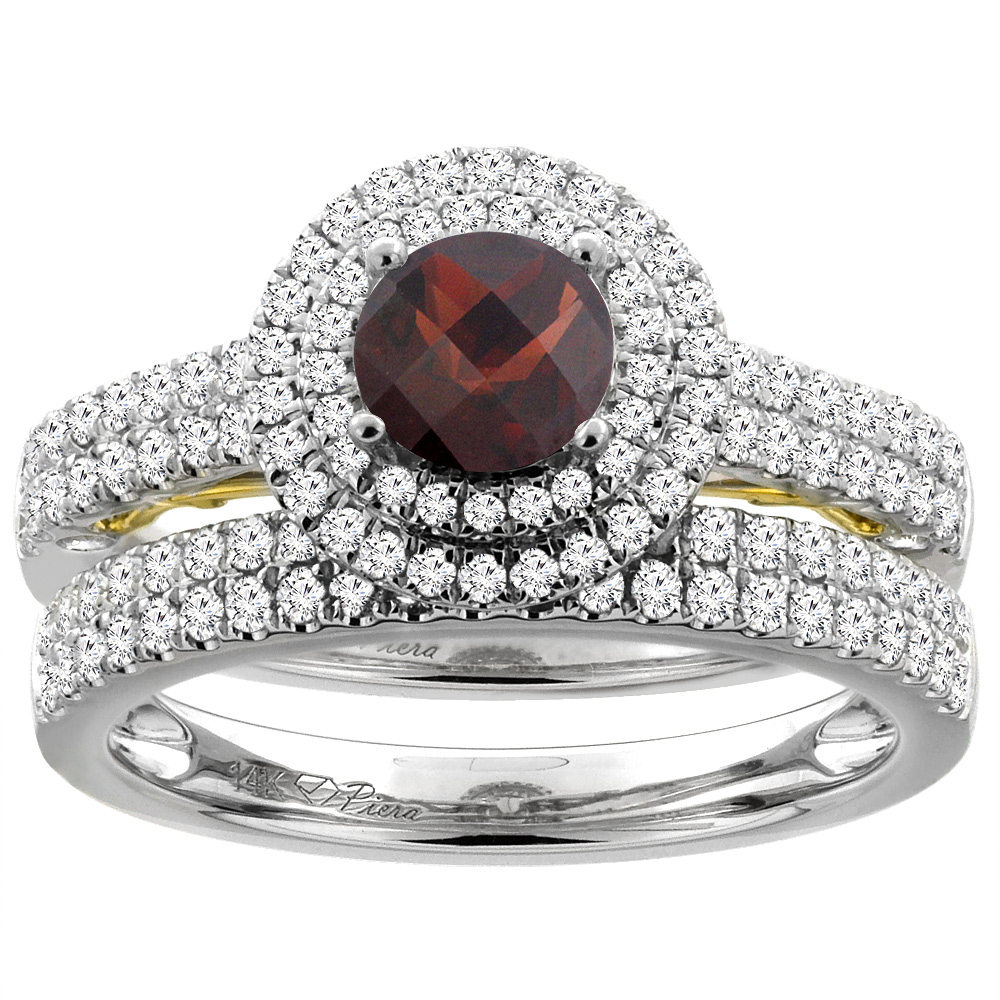14K White Gold Diamond Natural Garnet Halo Engagement Ring Set Round 6 mm, sizes 5-10