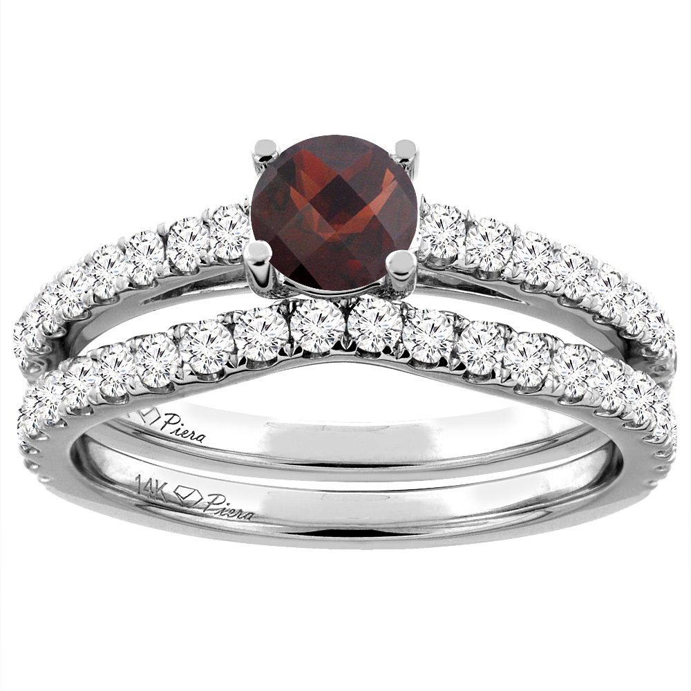 14K White Gold Diamond Natural Garnet Engagement Bridal Ring Set Round 6 mm, sizes 5-10