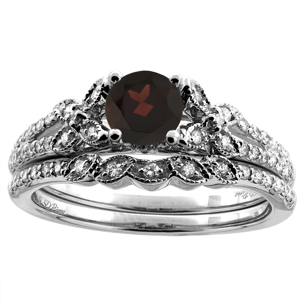14K White/Yellow Gold Floral Diamond Natural Garnet 2pc Engagement Ring Set Round 5 mm, sizes 5-10