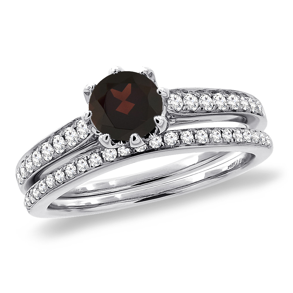 14K White Gold Diamond Natural Garnet 2pc Engagement Ring Set Round 5 mm, sizes 5-10