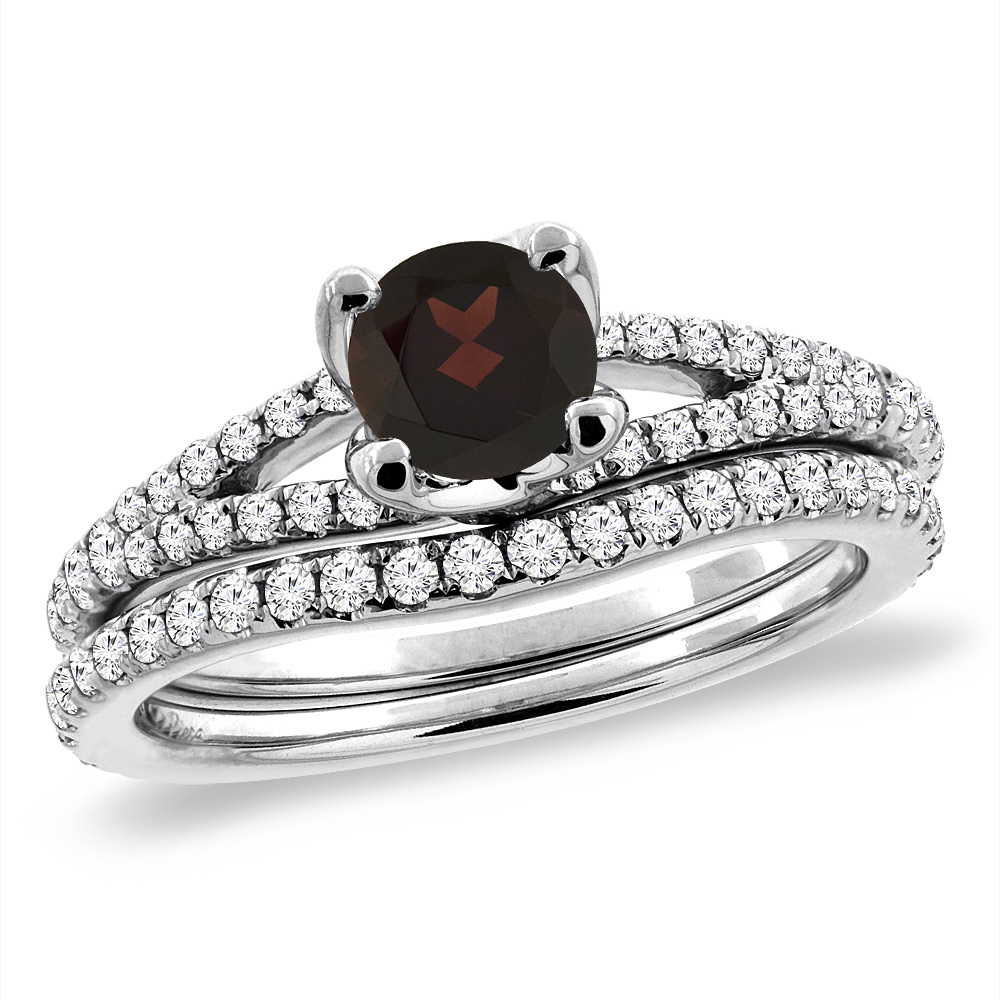 14K White Gold Diamond Natural Garnet 2pc Engagement Ring Set Round 5 mm, sizes 5-10