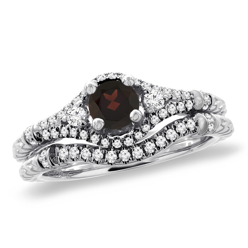 14K White Gold Diamond Natural Garnet 2pc Engagement Ring Set Round 4 mm, sizes 5 - 10