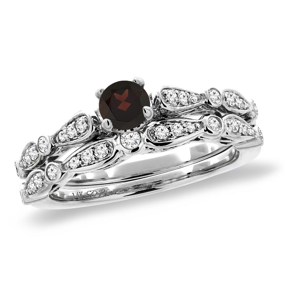 14K White Gold Diamond Natural Garnet 2pc Engagement Ring Set Round 4 mm, size5-10