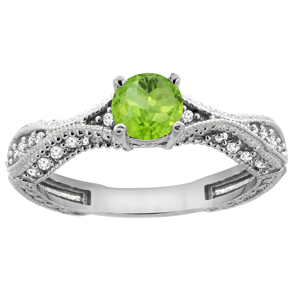 14K White Gold Natural Peridot Round 5mm Engraved Engagement Ring Diamond Accents, sizes 5 - 10