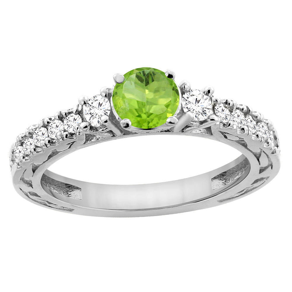14K White Gold Natural Peridot Round 6mm Engraved Engagement Ring Diamond Accents, sizes 5 - 10