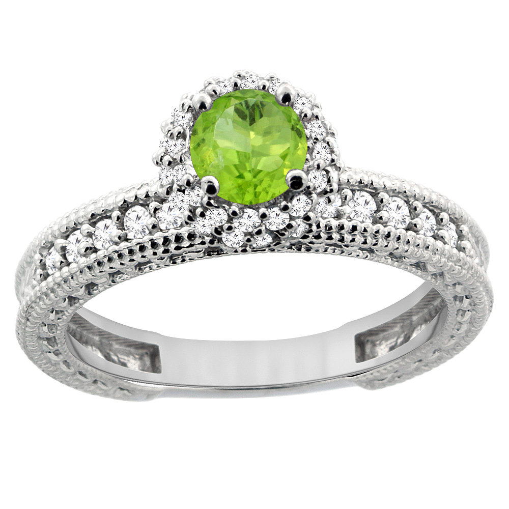 14K White Gold Natural Peridot Round 5mm Engagement Ring Diamond Accents, sizes 5 - 10
