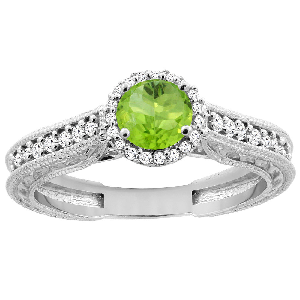 14K White Gold Natural Peridot Round 5mm Engraved Engagement Ring Diamond Accents, sizes 5 - 10
