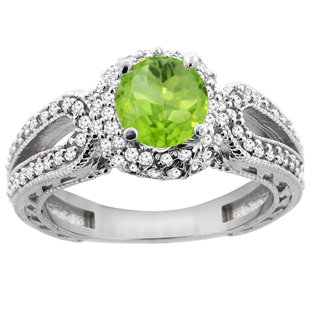 14K White Gold Natural Peridot Engagement Ring Round 6mm Engraved Split Shank Diamond Accents, sizes 5 - 10