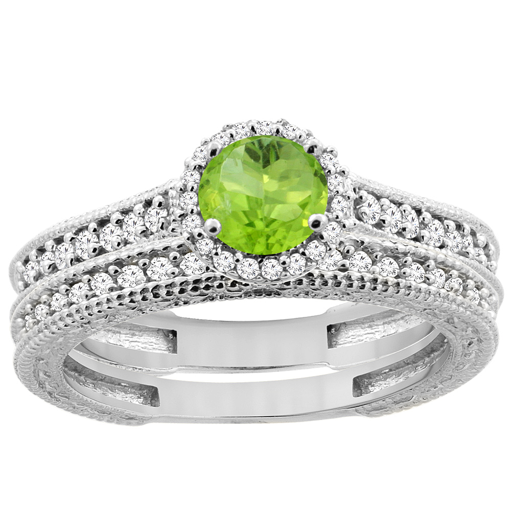 14K White Gold Natural Peridot Round 5mm Engagement Ring 2-piece Set Diamond Accents, sizes 5 - 10