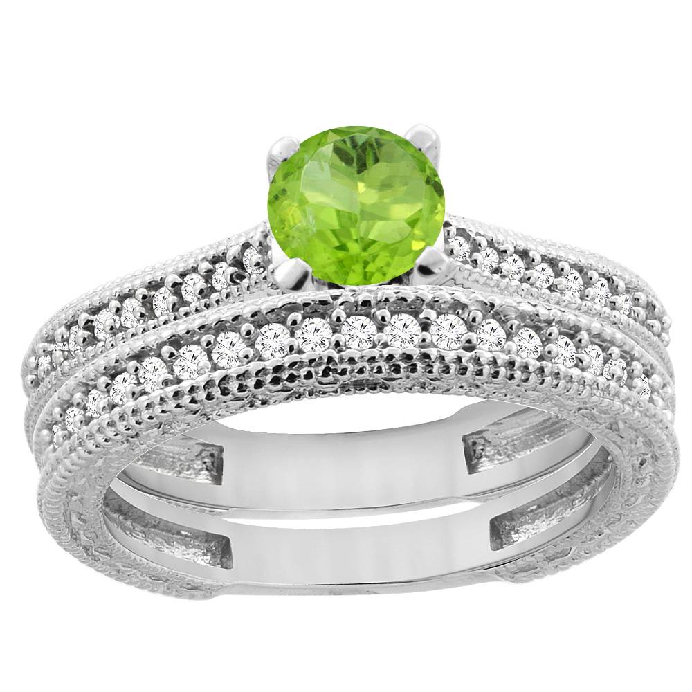 14K White Gold Natural Peridot Round 5mm Engraved Engagement Ring 2-piece Set Diamond Accents, sizes 5 - 10