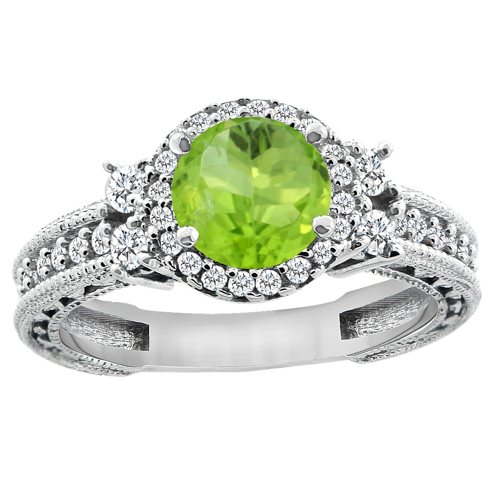 14K White Gold Natural Peridot Halo Engagement Ring Round 6mm Diamond Accents, sizes 5 - 10