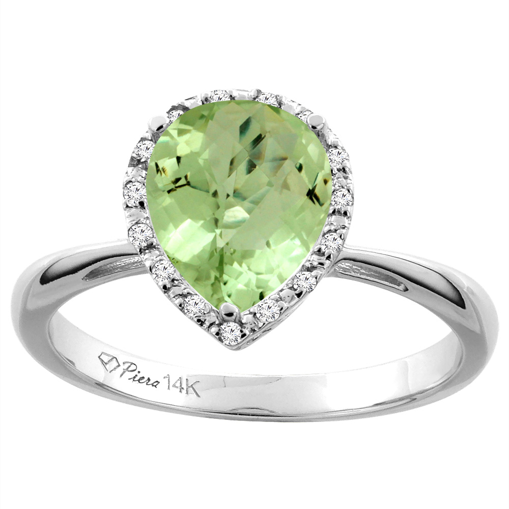 14K White Gold Natural Peridot &amp; Diamond Halo Engagement Ring Pear Shape 9x7 mm, sizes 5-10