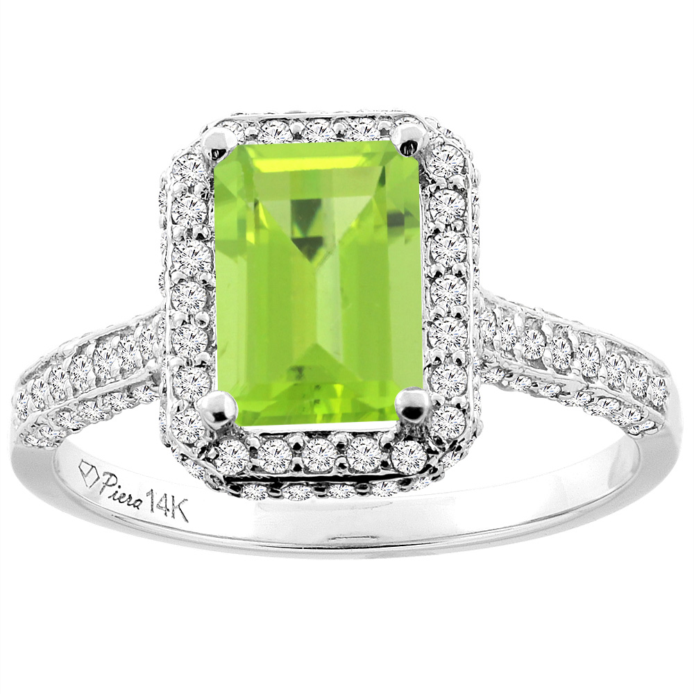 14K White Gold Natural Peridot Engagement Ring Octagon 8x6 mm, sizes 5-10