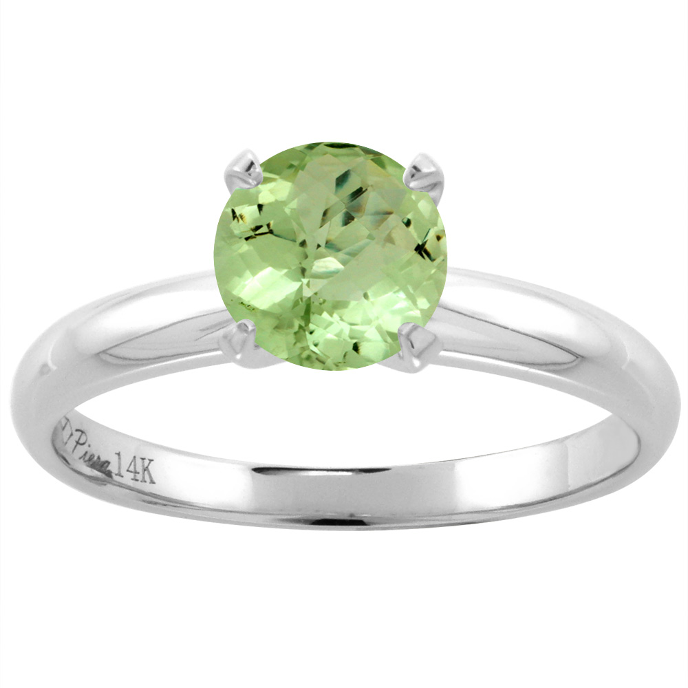 14K White Gold Natural Peridot Solitaire Engagement Ring Round 7 mm, sizes 5-10