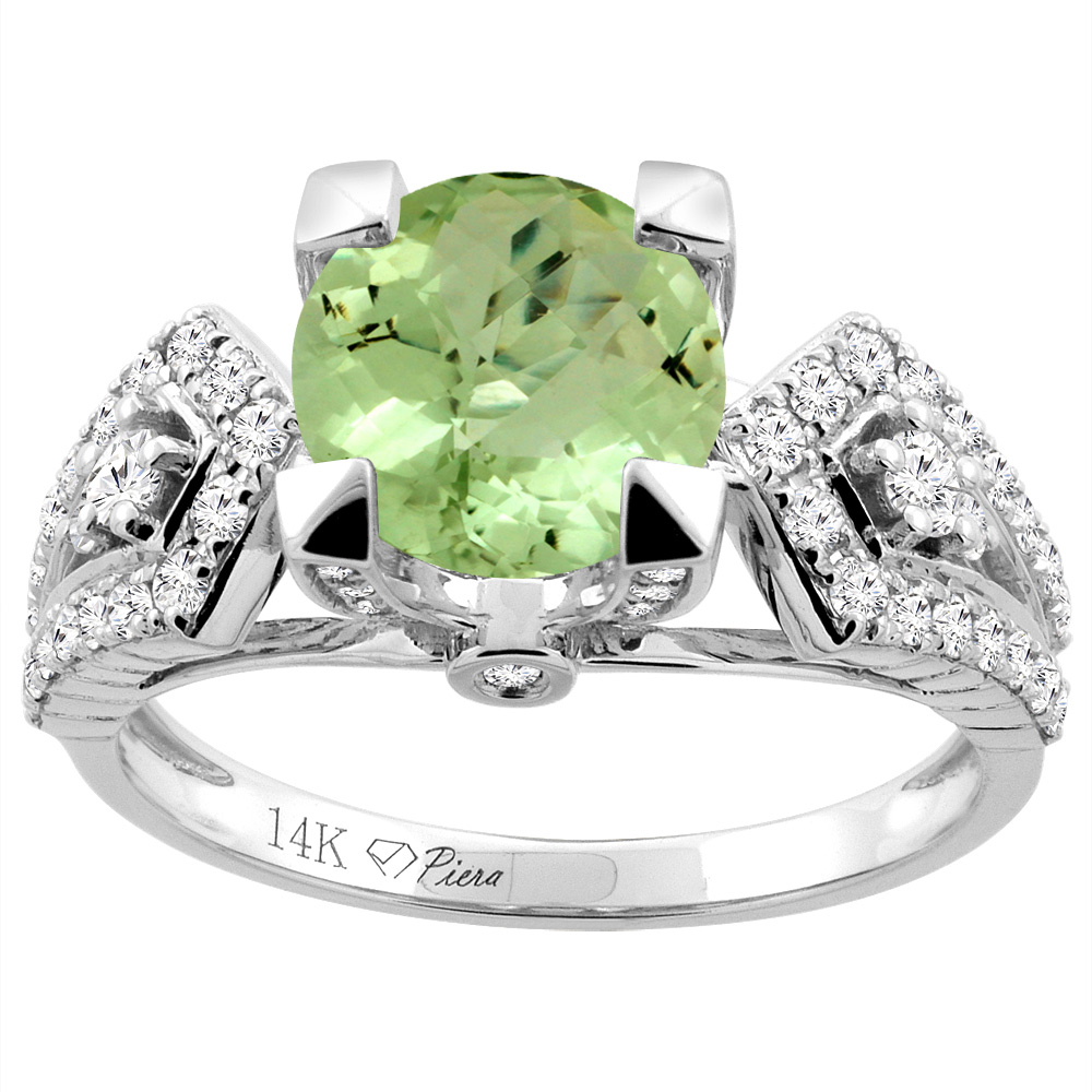 14K Gold Natural Peridot Ring Round 7 mm Diamond Accents, sizes 5 - 10