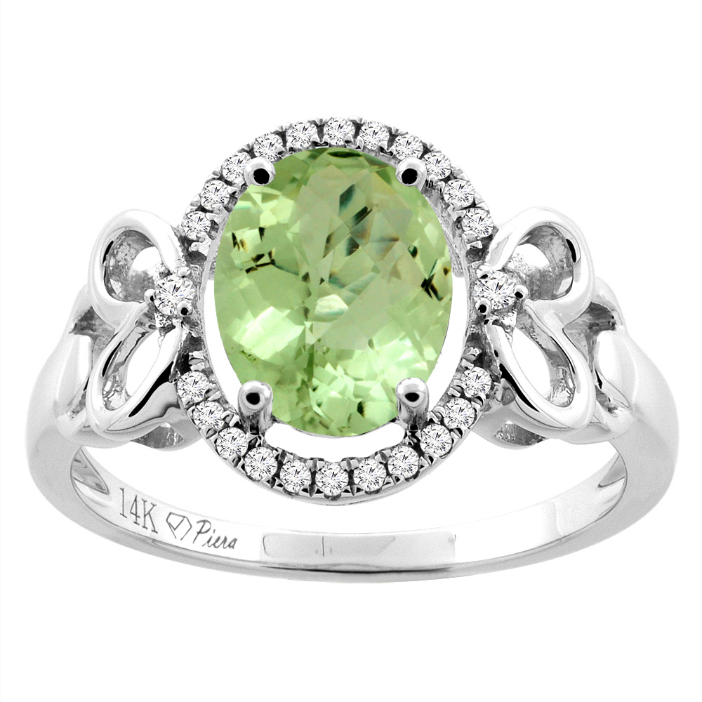 14K Gold Natural Peridot Halo Ring Oval 9x7 mm Diamond &amp; Heart Accents, sizes 5 - 10