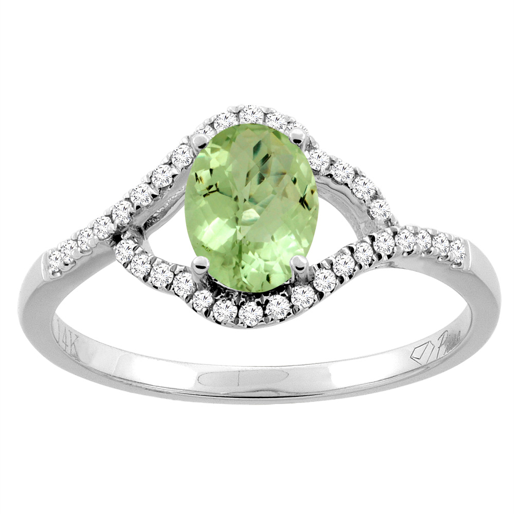 14K Gold Diamond Natural Peridot Engagement Ring Oval 7x5 mm, sizes 5 - 10