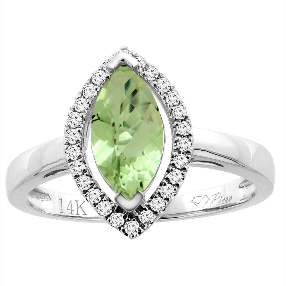 14K Gold Natural Peridot Halo Ring Marquise 10x5 mm Diamond Accents, sizes 5 - 10