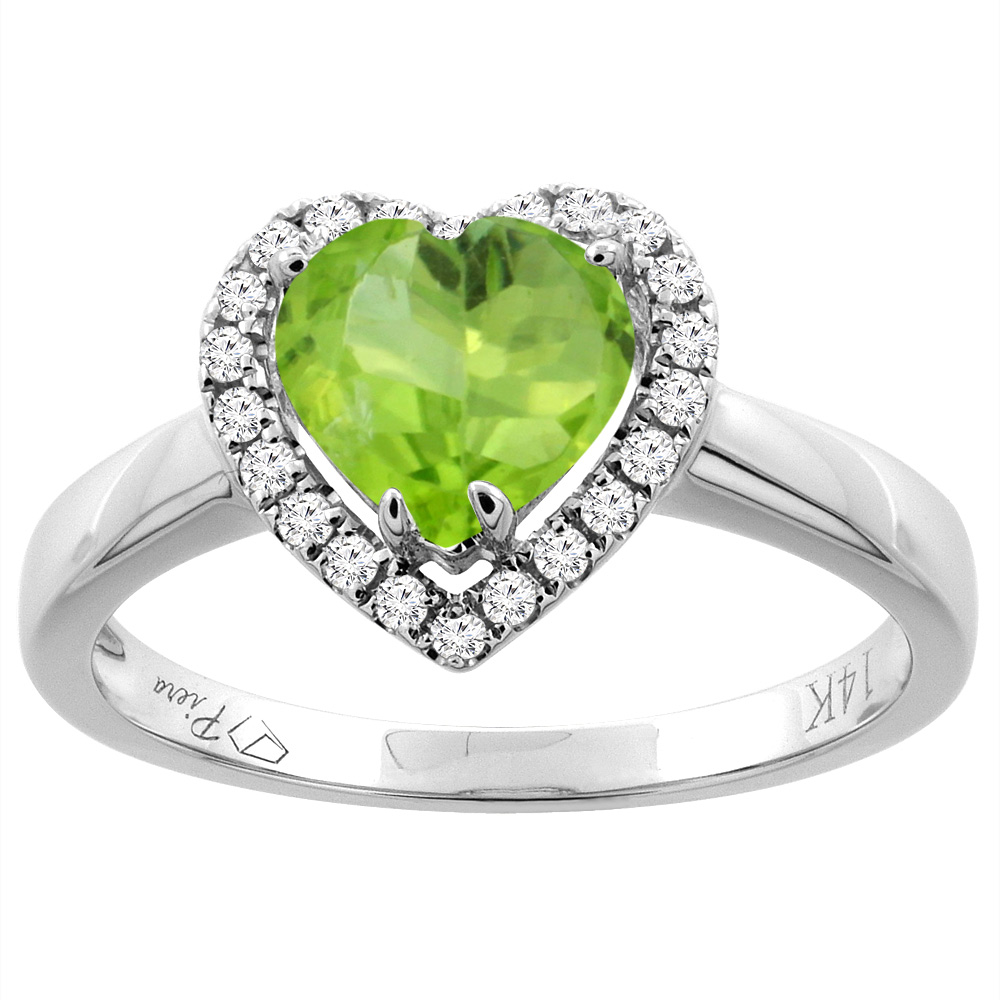 14K Gold Natural Peridot Halo Ring Heart 7x7 mm Diamond Accents, sizes 5 - 10