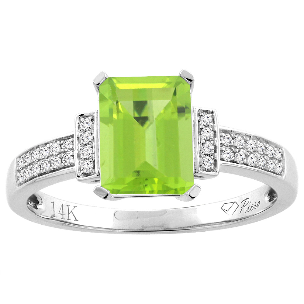 14K Gold Natural Peridot Ring Octagon 8x6 mm Diamond Accents, sizes 5 - 10