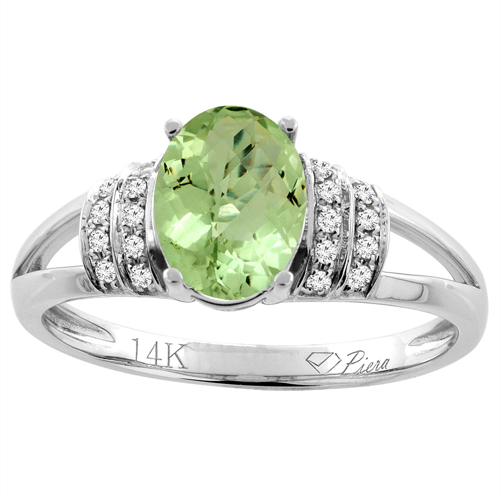 14K Gold Natural Peridot Ring Oval 8x6 mm Diamond Accents, sizes 5 - 10