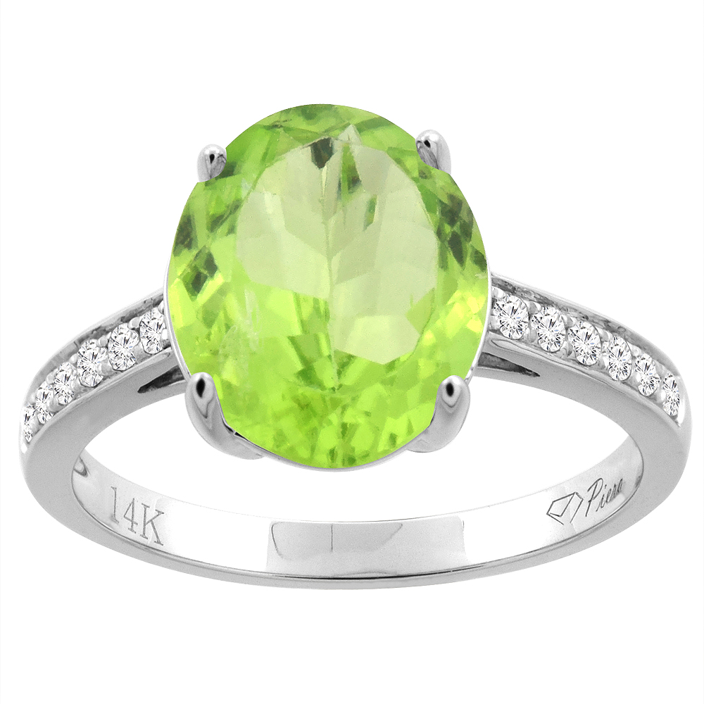 14K Gold Natural Peridot Ring Oval 11x9 mm Diamond Accents, sizes 5 - 10