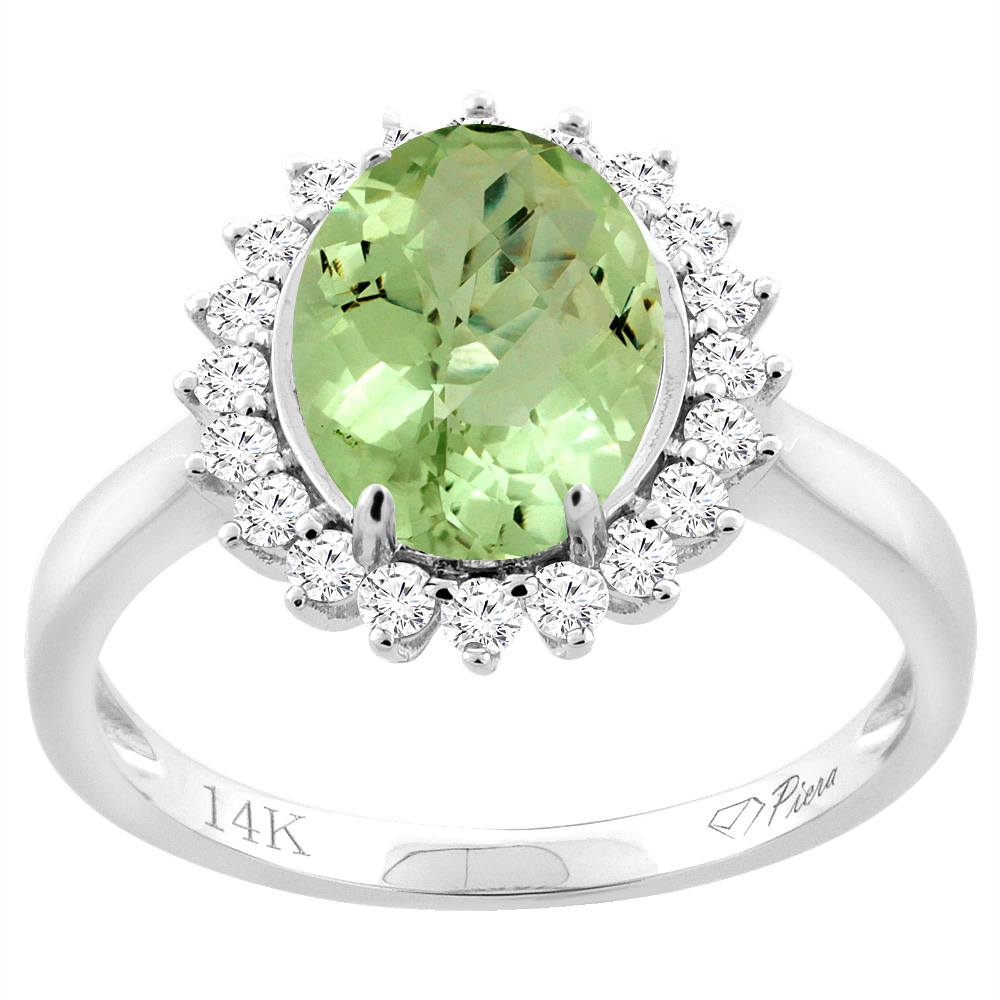 14K White Gold Diamond Natural Peridot Engagement Ring Oval 10x8mm, sizes 5-10