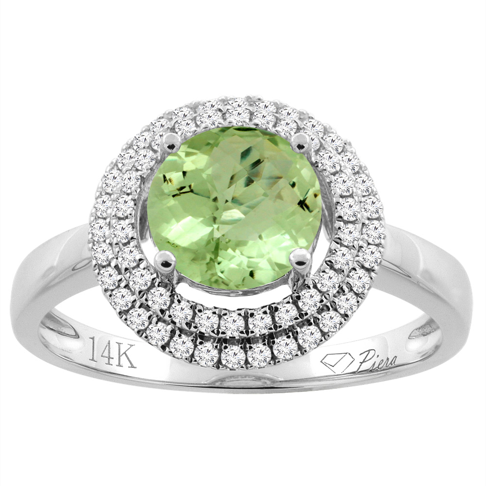 14K Gold Natural Peridot Ring Round 7 mm Double Halo Diamond Accents, sizes 5 - 10