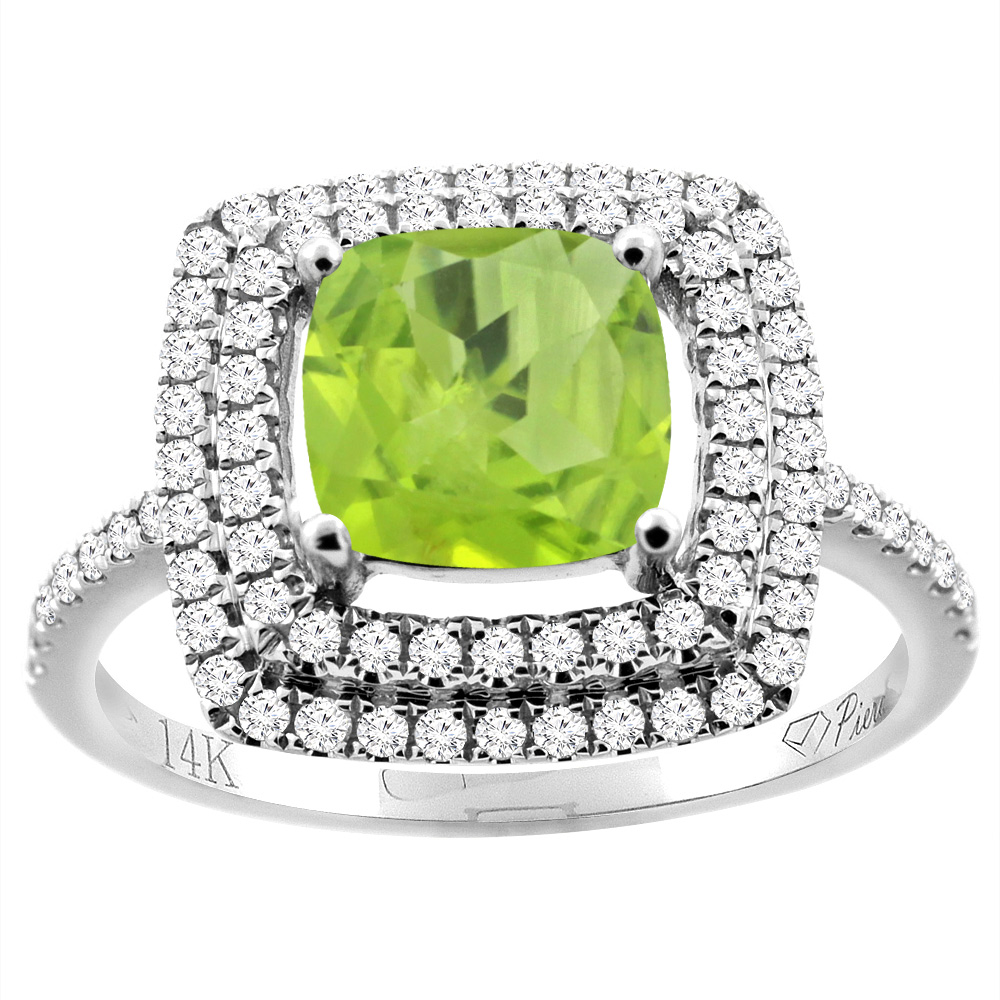 14K Gold Natural Peridot Ring Cushion Cut 7x7 mm Double Halo Diamond Accents, sizes 5 - 10