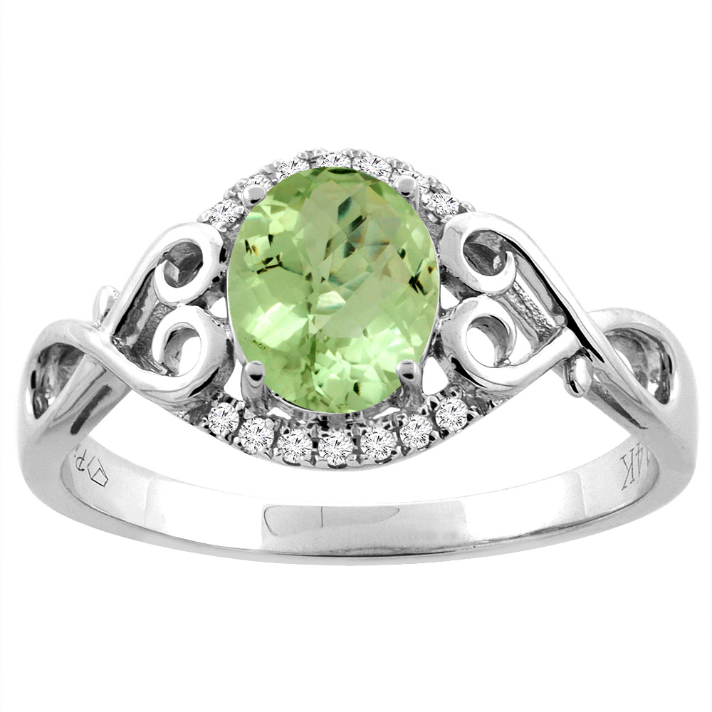 14K Gold Natural Peridot Ring Oval 8x6 mm Diamond &amp; Heart Accents, sizes 5 - 10