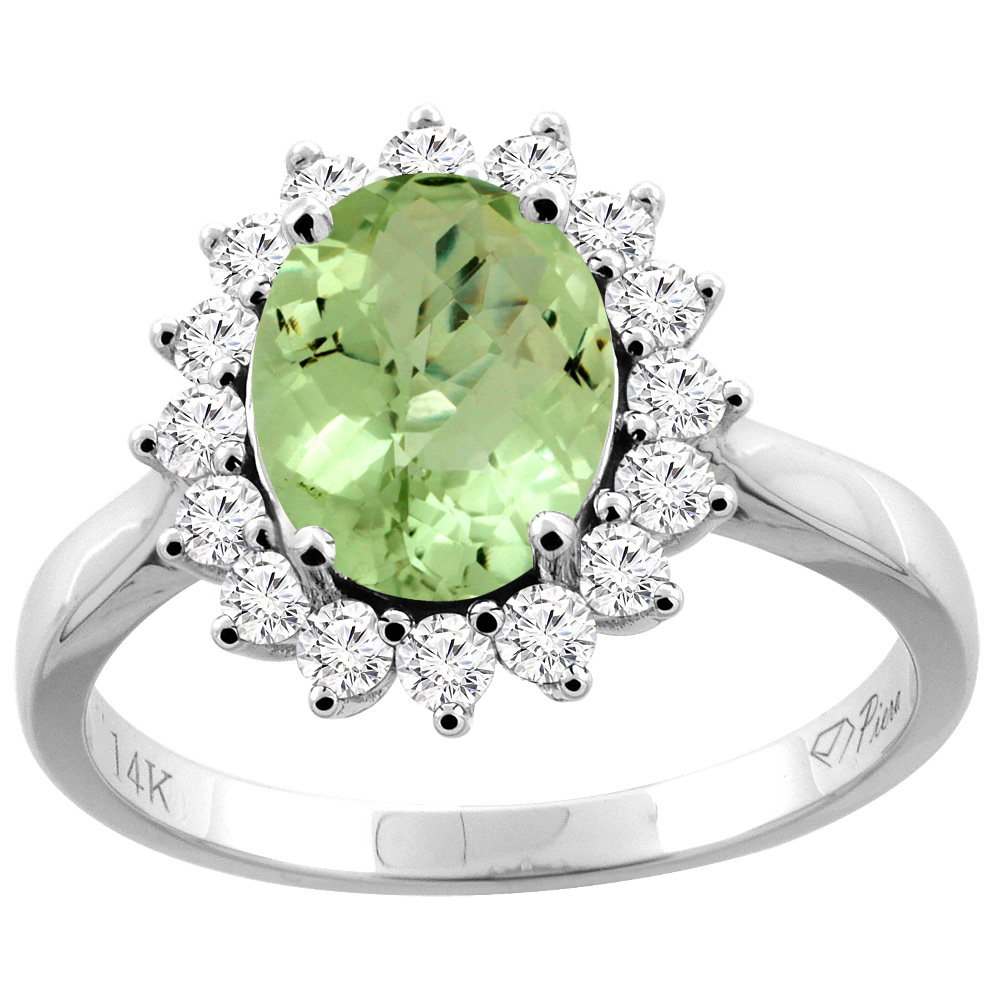 14K Gold Natural Peridot Ring Oval 9x7 mm Diamond Accents, sizes 5 - 10