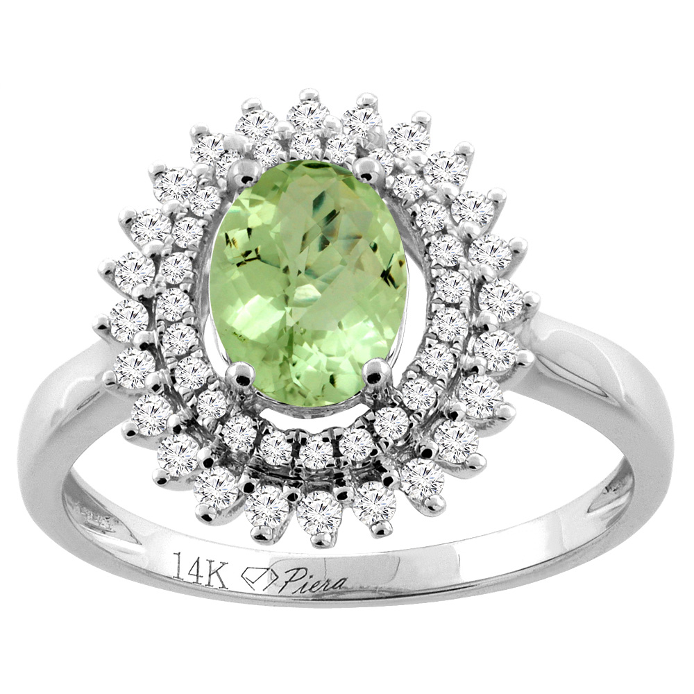 14K Gold Natural Peridot Ring Oval 8x6 mm Double Halo Diamond Accents, sizes 5 - 10